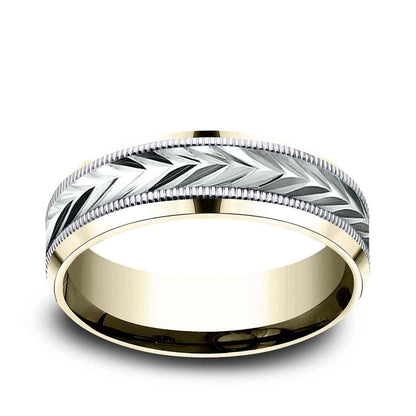 Benchmark Men's 7mm Beveled Edge Carve Wedding Ring in 14K Yellow & White Gold