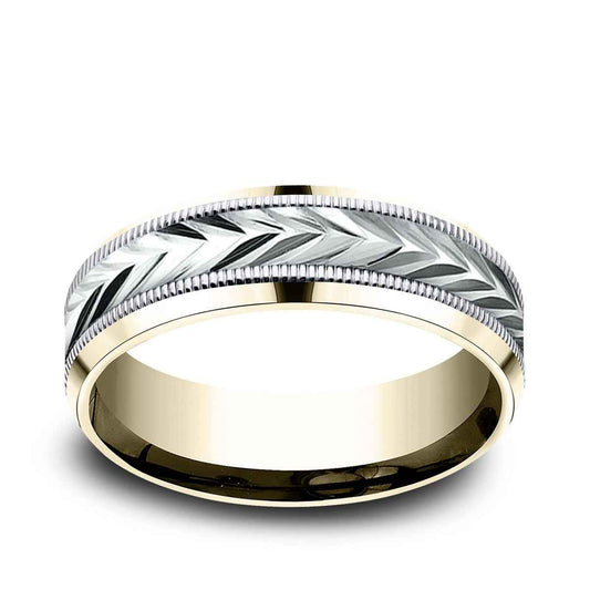 Benchmark Men's 7mm Beveled Edge Carve Wedding Ring in 14K Yellow & White Gold