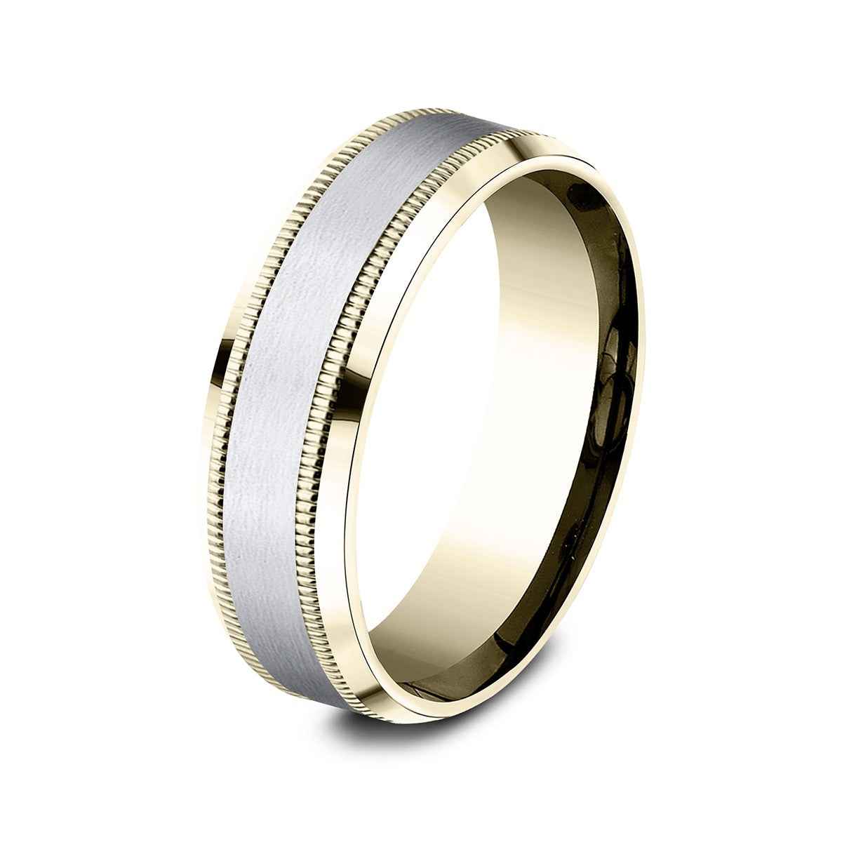 Benchmark Men's 7mm Beveled Edge Milgrain Wedding Ring in 14K Yellow & White Gold