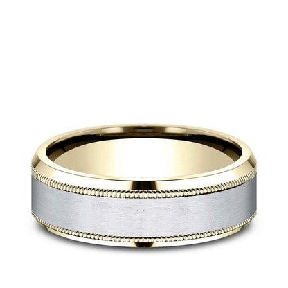 Benchmark Men's 7mm Beveled Edge Milgrain Wedding Ring in 14K Yellow & White Gold