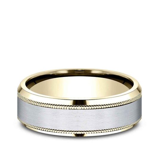 Benchmark Men's 7mm Beveled Edge Milgrain Wedding Ring in 14K Yellow & White Gold