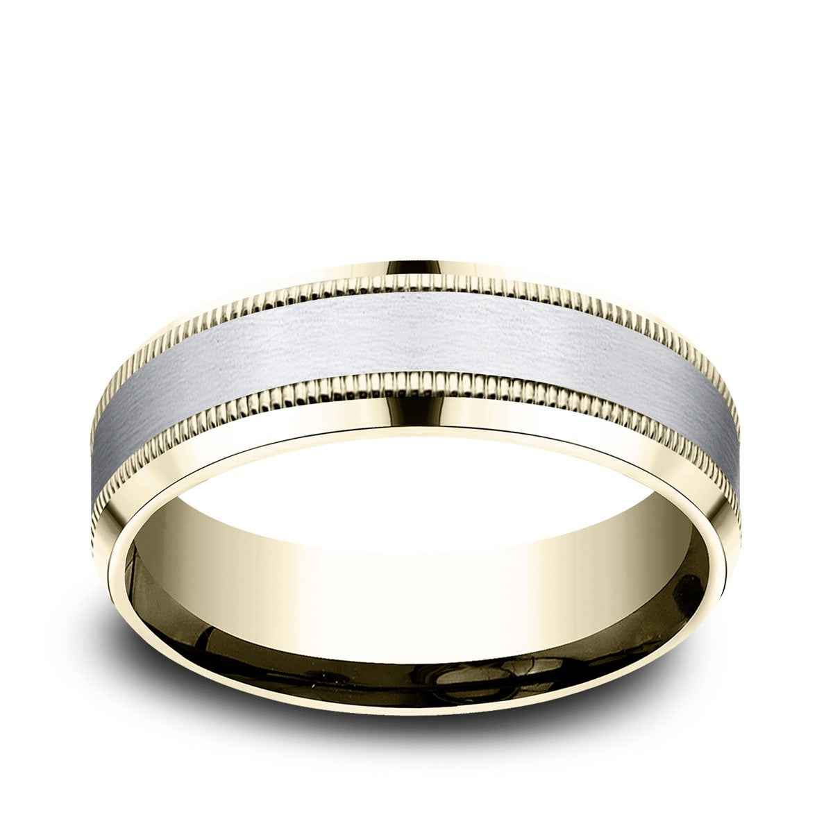 Benchmark Men's 7mm Beveled Edge Milgrain Wedding Ring in 14K Yellow & White Gold