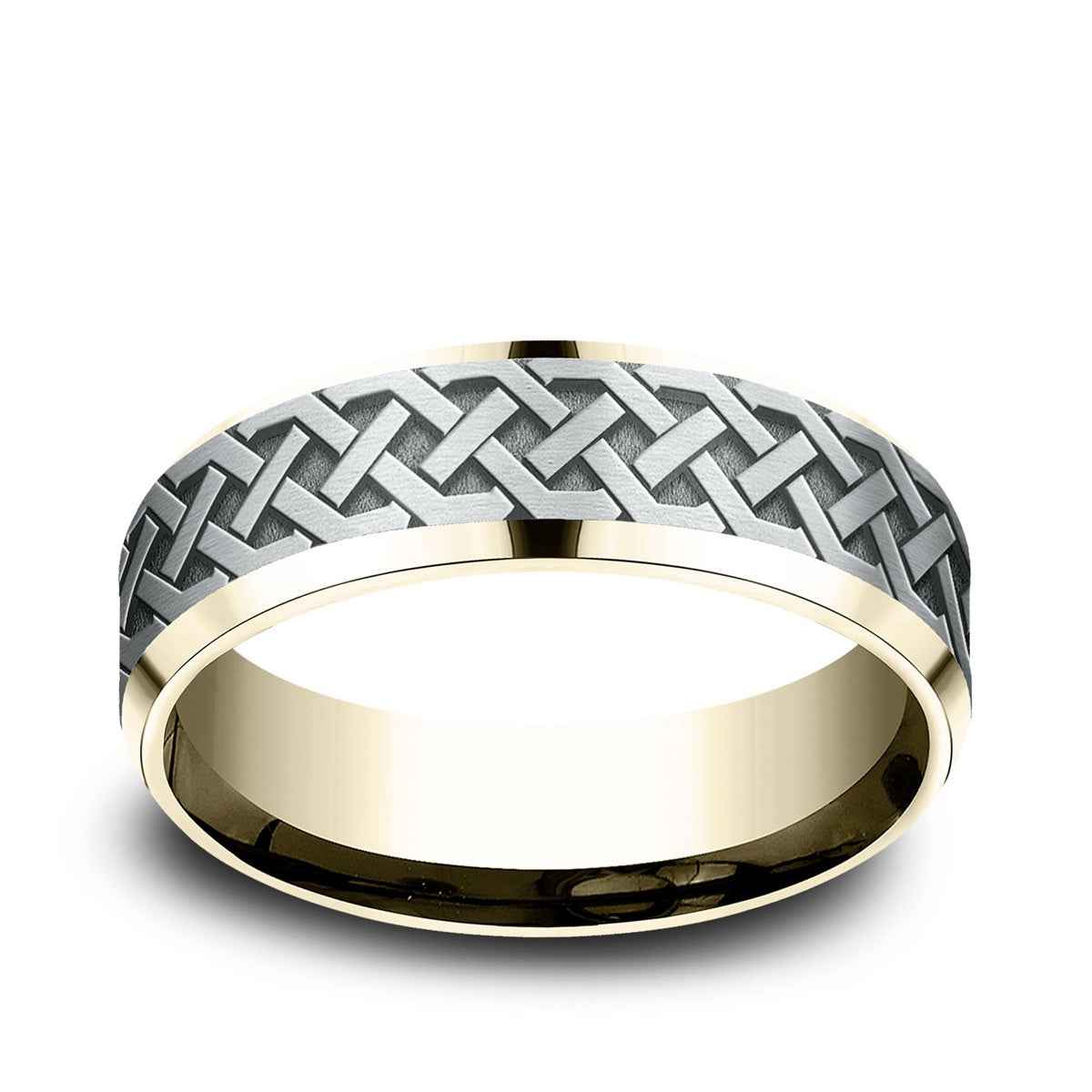 Benchmark Men's 7mm Beveled Edge Celtic Knot Wedding Ring in 14K Yellow & White Gold