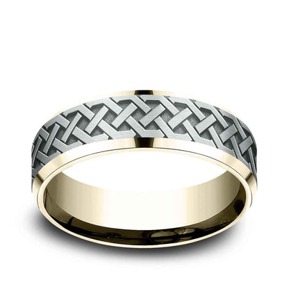 Benchmark Men's 7mm Beveled Edge Celtic Knot Wedding Ring in 14K Yellow & White Gold