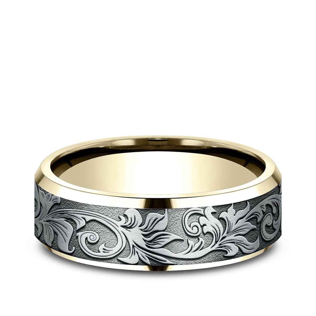 Benchmark Men's 7mm Beveled Edge Vintage Script Wedding Ring in 14K Yellow & White Gold