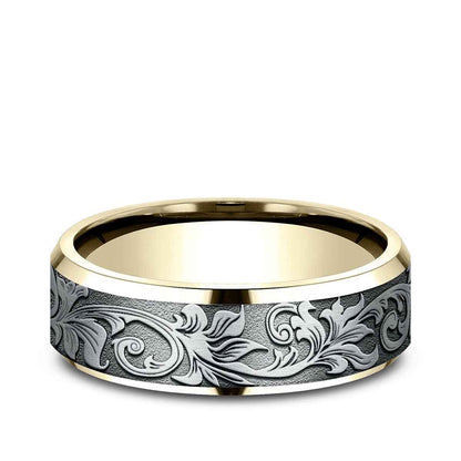 Benchmark Men's 7mm Beveled Edge Vintage Script Wedding Ring in 14K Yellow & White Gold
