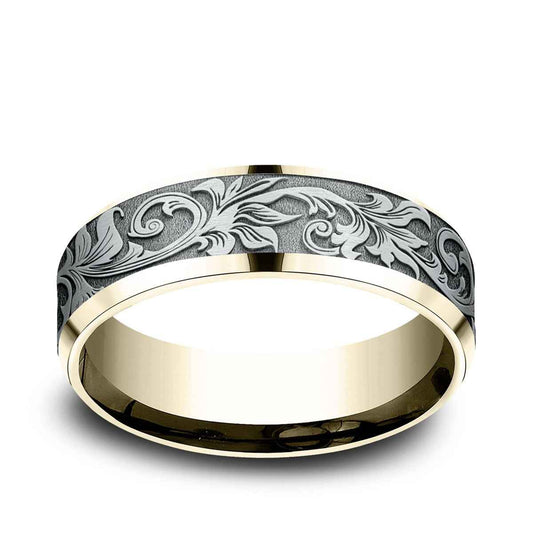 Benchmark Men's 7mm Beveled Edge Vintage Script Wedding Ring in 14K Yellow & White Gold
