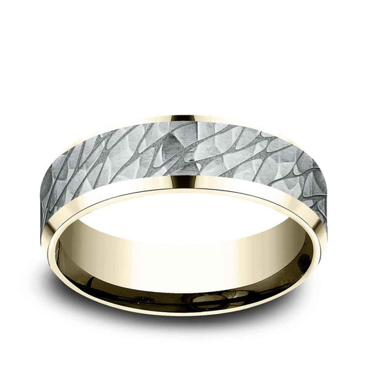 Benchmark Men's 7mm Beveled Edge Hammered Finish Wedding Ring in 14K Yellow & White Gold