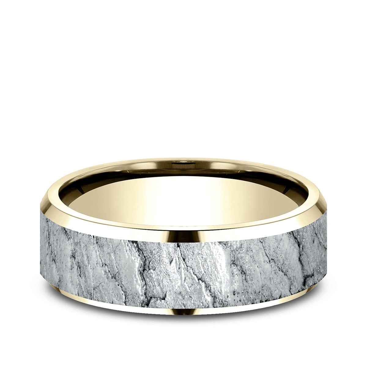 Benchmark Men's 7mm Beveled Edge Lava Texture Wedding Ring in 14K Yellow & White Gold