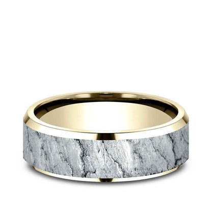 Benchmark Men's 7mm Beveled Edge Lava Texture Wedding Ring in 14K Yellow & White Gold