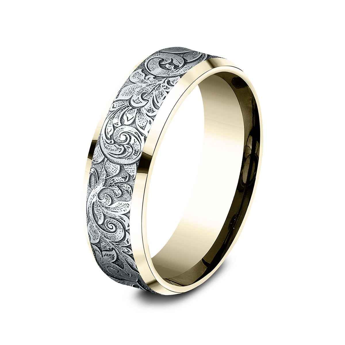 Benchmark Men's 7mm Beveled Edge London Script Wedding Ring in 14K Yellow & White  Gold