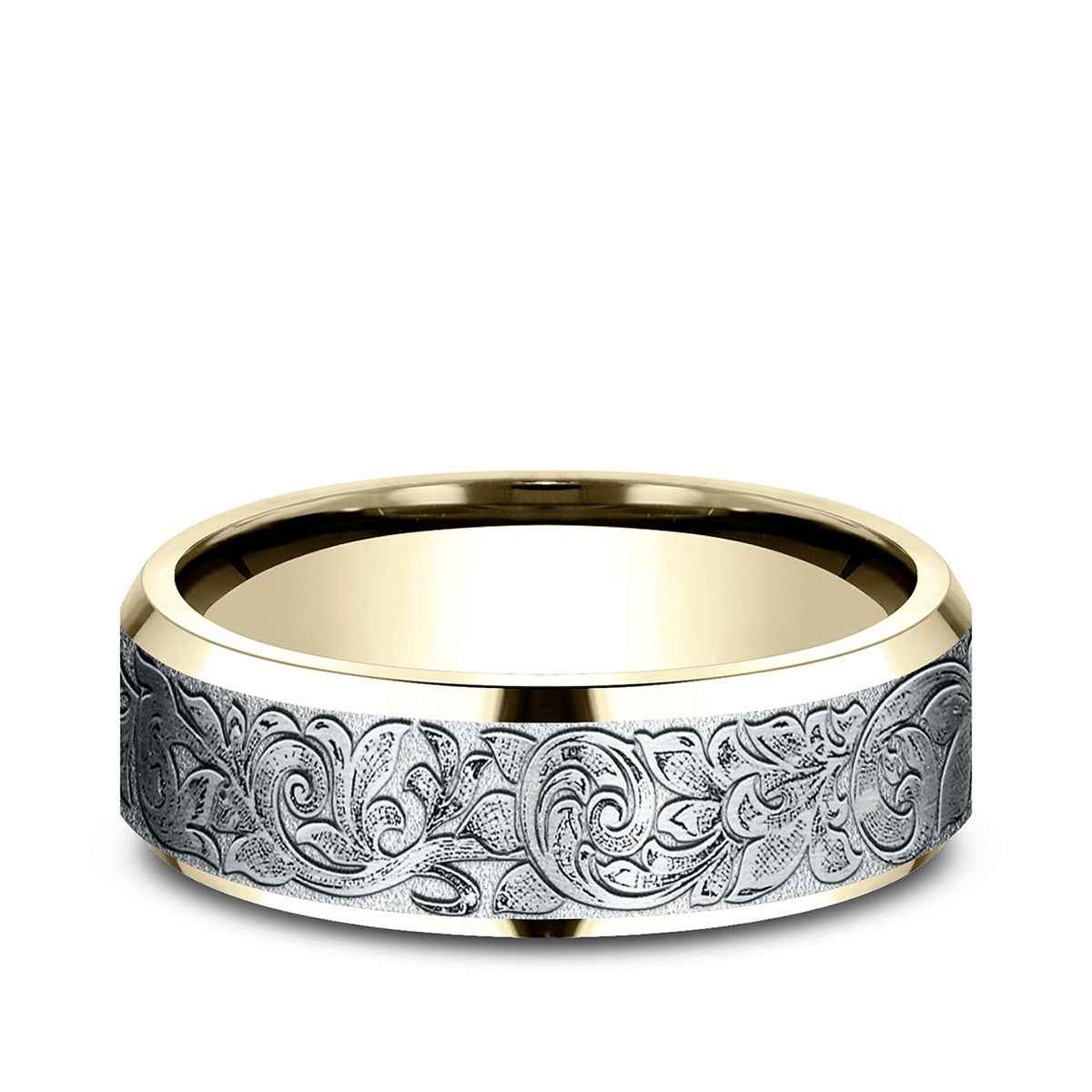 Benchmark Men's 7mm Beveled Edge London Script Wedding Ring in 14K Yellow & White  Gold