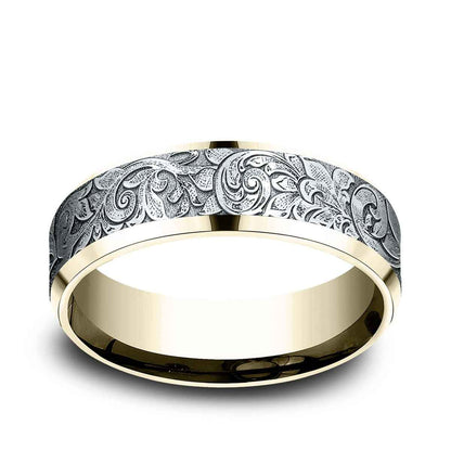 Benchmark Men's 7mm Beveled Edge London Script Wedding Ring in 14K Yellow & White  Gold