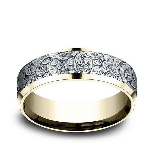 Benchmark Men's 7mm Beveled Edge London Script Wedding Ring in 14K Yellow & White  Gold