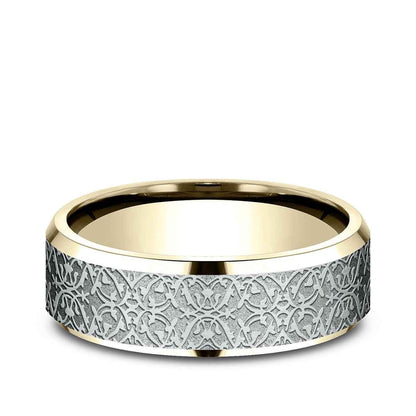 Benchmark Men's 7mm Beveled Edge Ottoman Finish Wedding Ring in 14K Yellow & White Gold