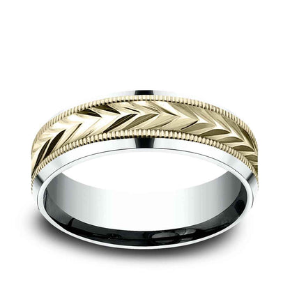 Benchmark Men's 7mm Beveled Edge Carve Wedding Ring in 14K White & Yellow Gold