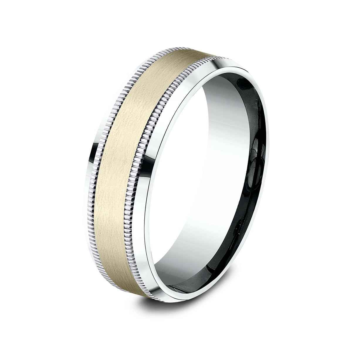 Benchmark Men's 7mm Beveled Edge Milgrain Wedding Ring in 14K White & Yellow Gold