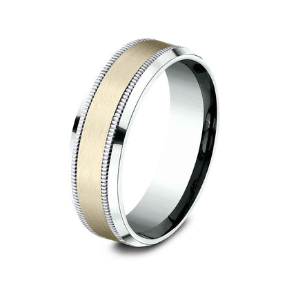 Benchmark Men's 7mm Beveled Edge Milgrain Wedding Ring in 14K White & Yellow Gold