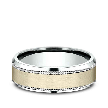 Benchmark Men's 7mm Beveled Edge Milgrain Wedding Ring in 14K White & Yellow Gold