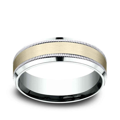 Benchmark Men's 7mm Beveled Edge Milgrain Wedding Ring in 14K White & Yellow Gold
