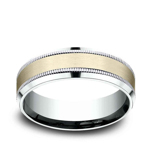 Benchmark Men's 7mm Beveled Edge Milgrain Wedding Ring in 14K White & Yellow Gold