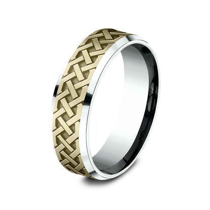 Benchmark Men's 7mm Beveled Edge Celtic Knot Wedding Ring in 14K White & Yellow Gold