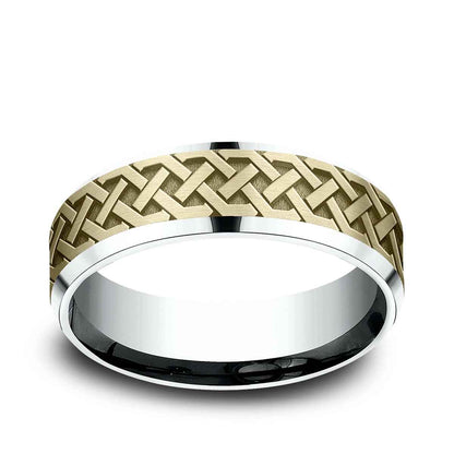 Benchmark Men's 7mm Beveled Edge Celtic Knot Wedding Ring in 14K White & Yellow Gold