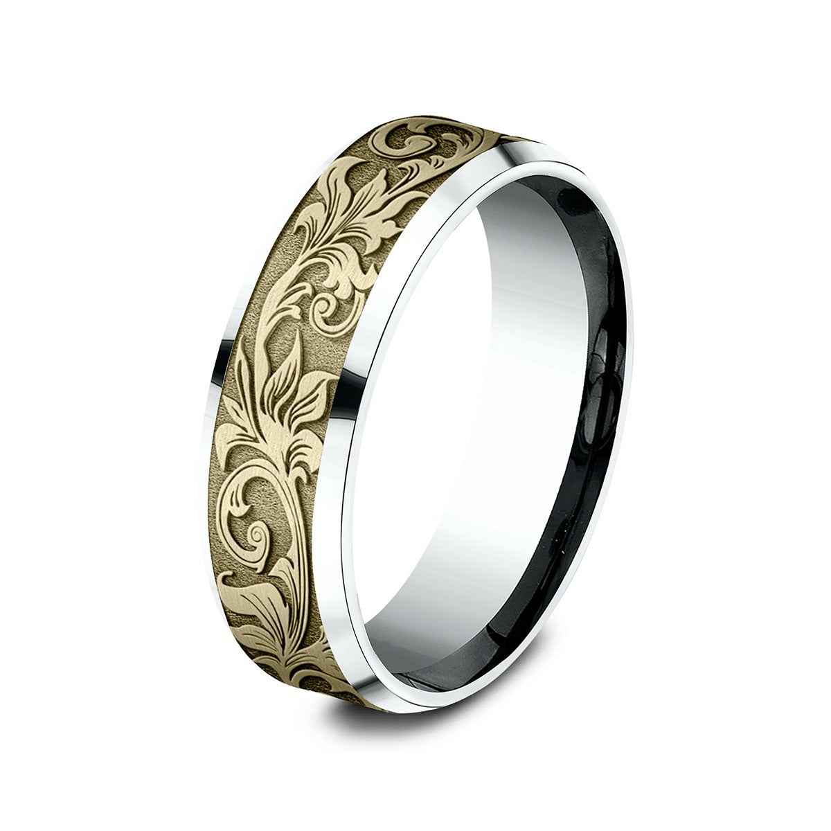 Benchmark Men's 7mm Beveled Edge Vintage Script Wedding Ring in 14K White & Yellow Gold