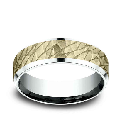 Benchmark Men's 7mm Beveled Edge Hammered Finish Wedding Ring in 14K White & Yellow Gold