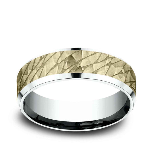 Benchmark Men's 7mm Beveled Edge Hammered Finish Wedding Ring in 14K White & Yellow Gold