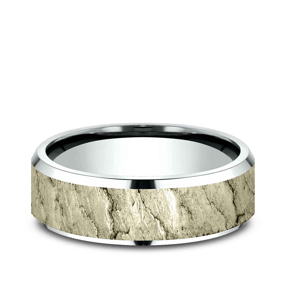 Benchmark Men's 7mm Beveled Edge Lava Texture Wedding Ring in 14K White & Yellow Gold