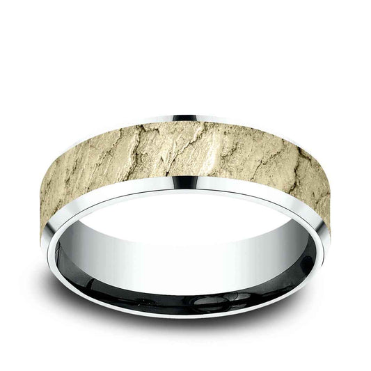 Benchmark Men's 7mm Beveled Edge Lava Texture Wedding Ring in 14K White & Yellow Gold