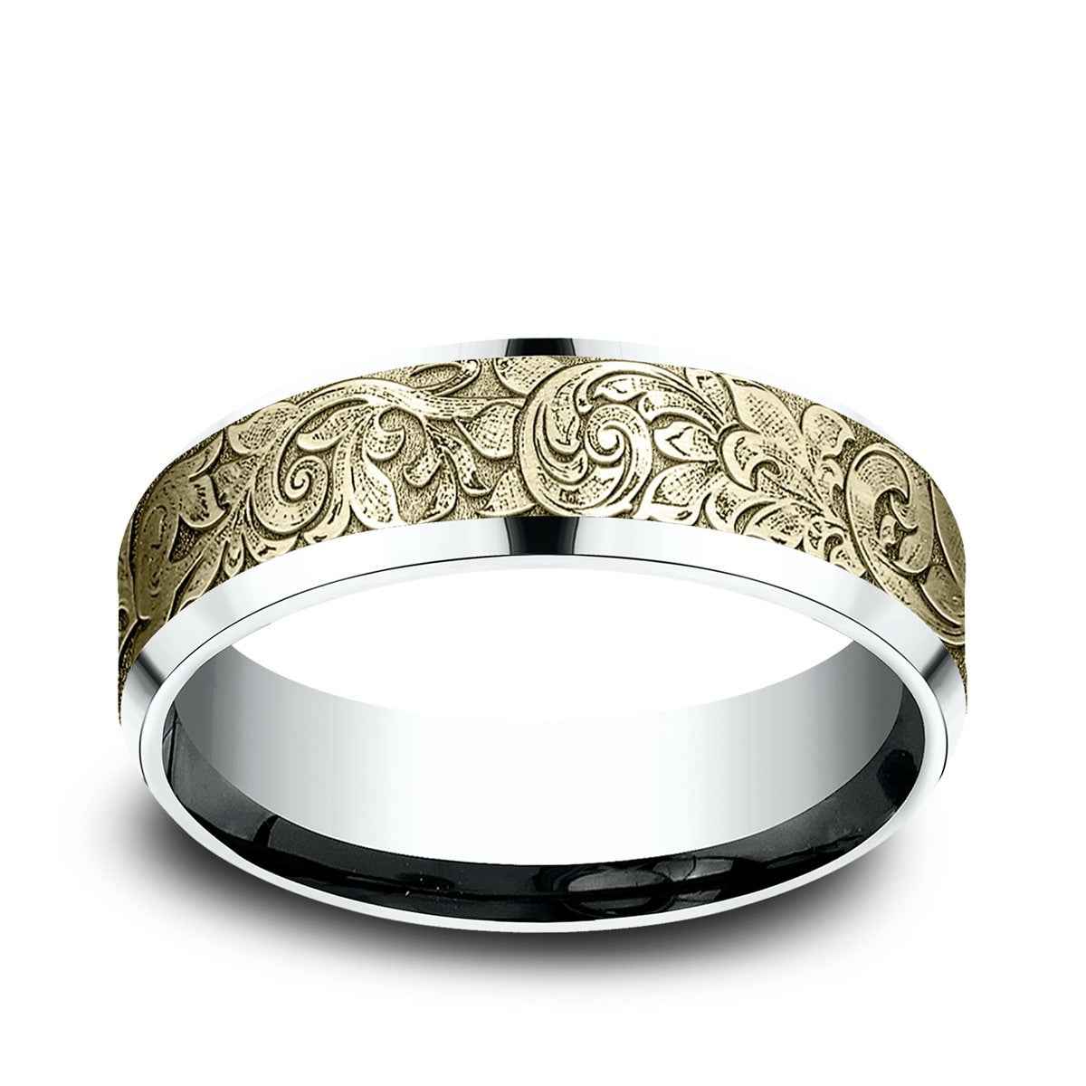 Benchmark Men's 7mm Beveled Edge London Script Wedding Ring in 14K White & Yellow Gold