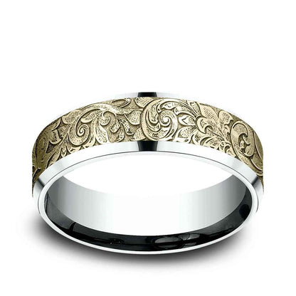 Benchmark Men's 7mm Beveled Edge London Script Wedding Ring in 14K White & Yellow Gold