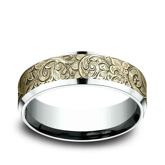 Benchmark Men's 7mm Beveled Edge London Script Wedding Ring in 14K White & Yellow Gold