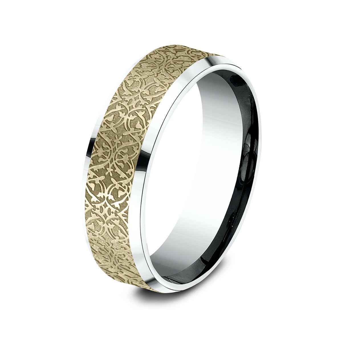 Benchmark Men's 7mm Beveled Edge Ottoman Finish Wedding Ring in 14K White & Yellow Gold