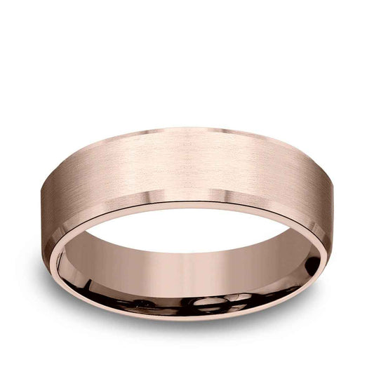 Benchmark Men's 6.5mm Beveled Edge Satin Finish Wedding Ring in 14K Pink Gold