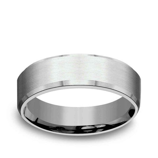 Benchmark Men's 6.5mm Beveled Edge Satin Finish Wedding Ring in 14K White Gold