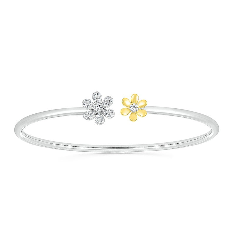 1/4 ct. tw. Diamond Flower Open Cuff Bracelet in Sterling Silver & 10K Yellow Gold