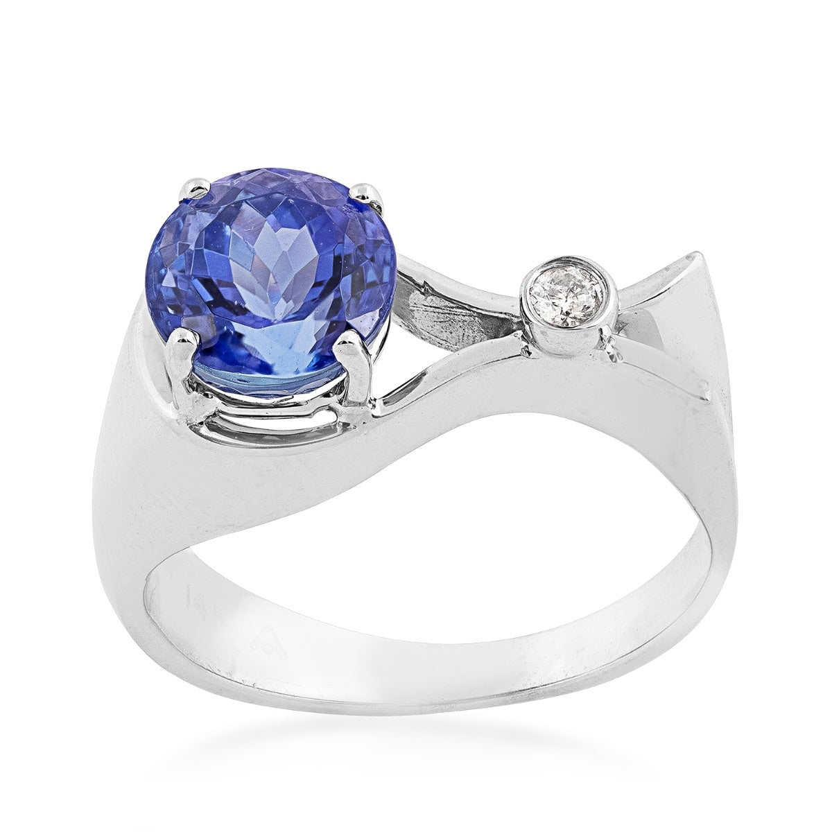 Round Tanzanite & Bezel Set Diamond Accent Asymmetrical Ring in 14K White Gold