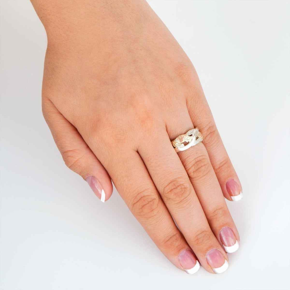 Black Hills Gold Bypass Leaf Ring in Sterling Silver close-up detail