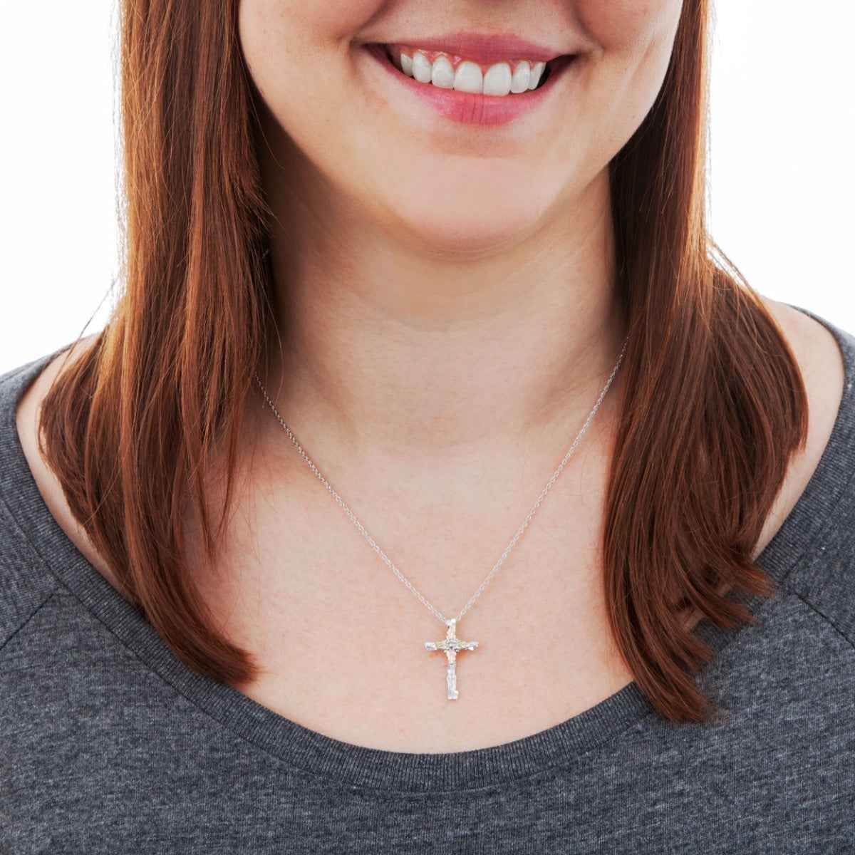 Black Hills Gold Carved Cross Pendant in Sterling Silver front view
