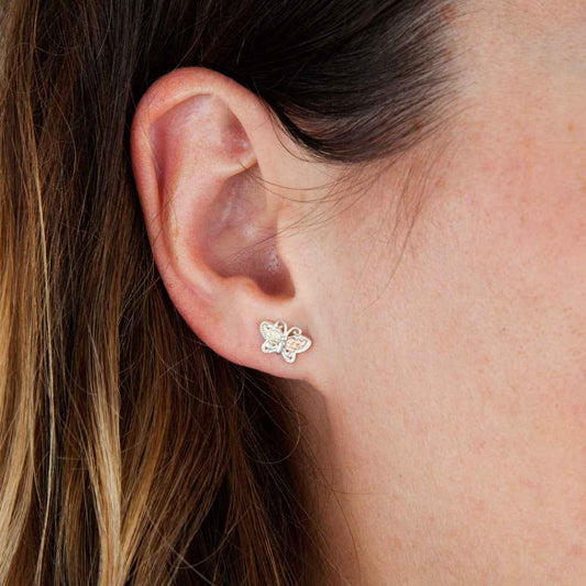 Black Hills Gold Small Butterfly Earrings in Sterling Silver close-up detail