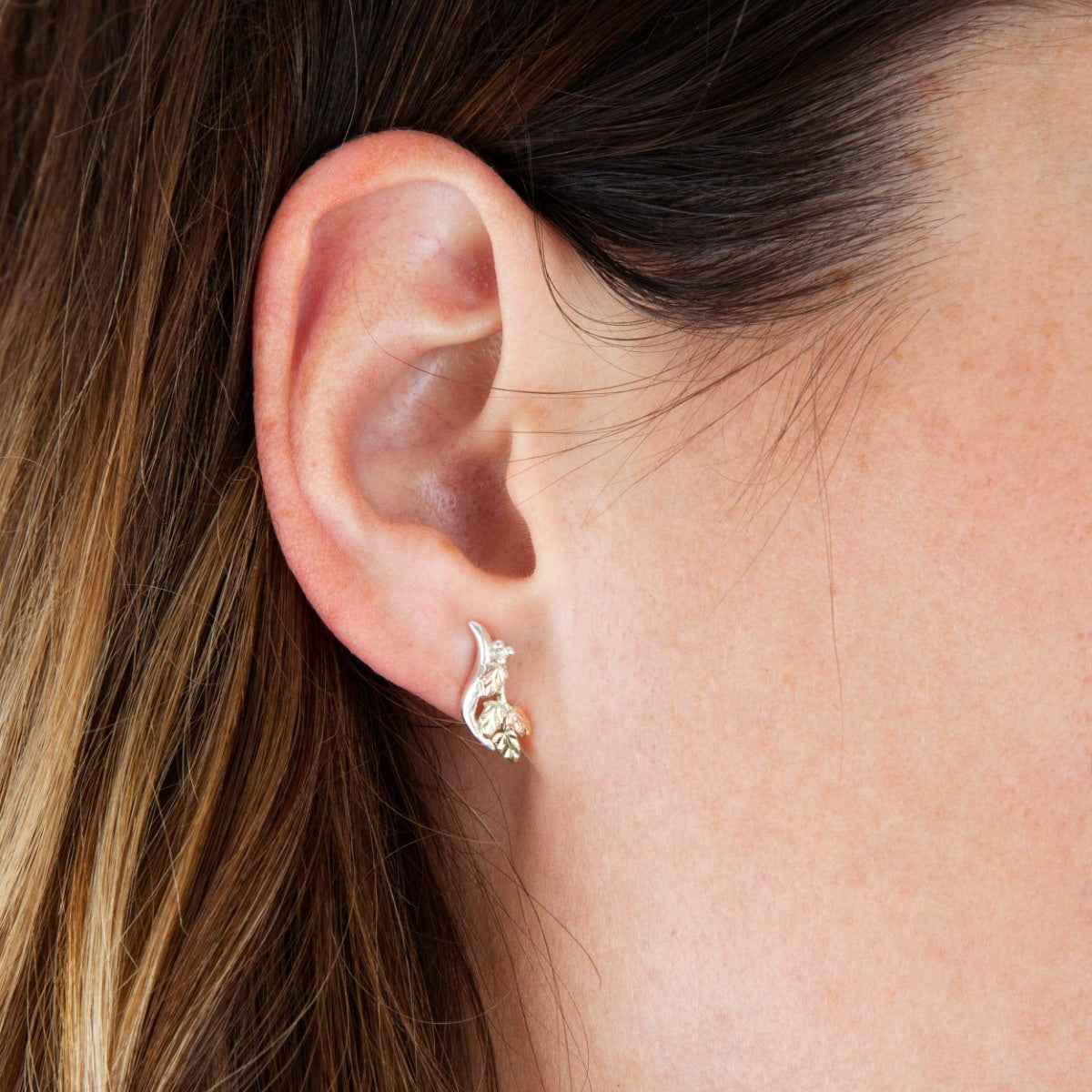 Black Hills Gold Curved Leaf Earrings in Sterling Silver front view