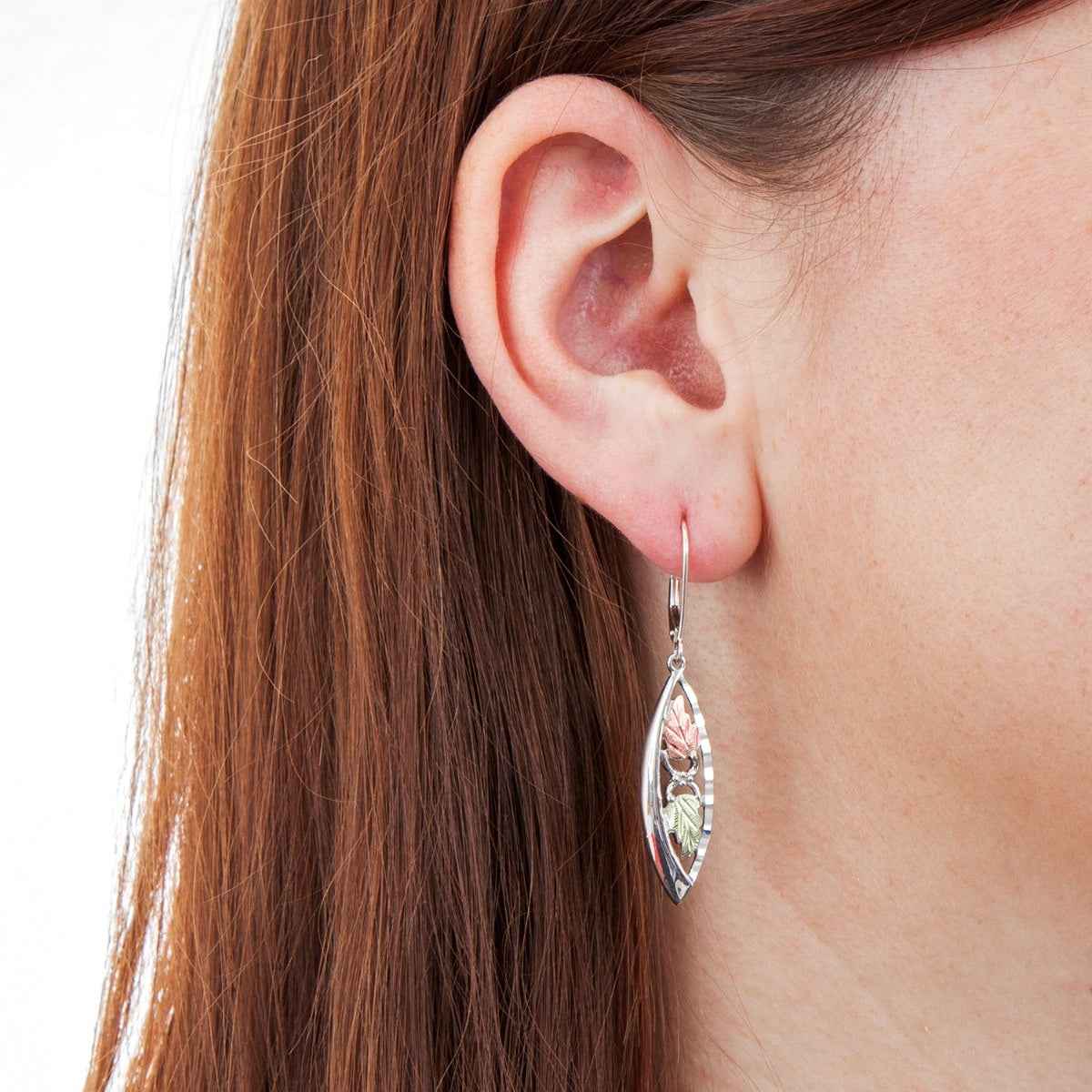 Black Hills Gold Diamond Cut Leaf & Grape Marquise Dangle Earrings in Sterling Silver front view