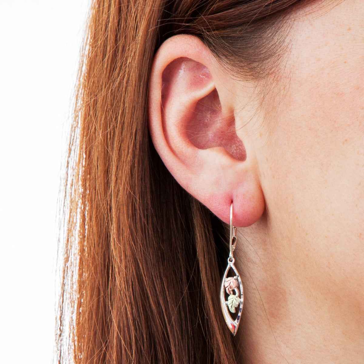 Black Hills Gold Diamond Cut Leaf Marquise Dangle Earrings in Sterling Silver front view