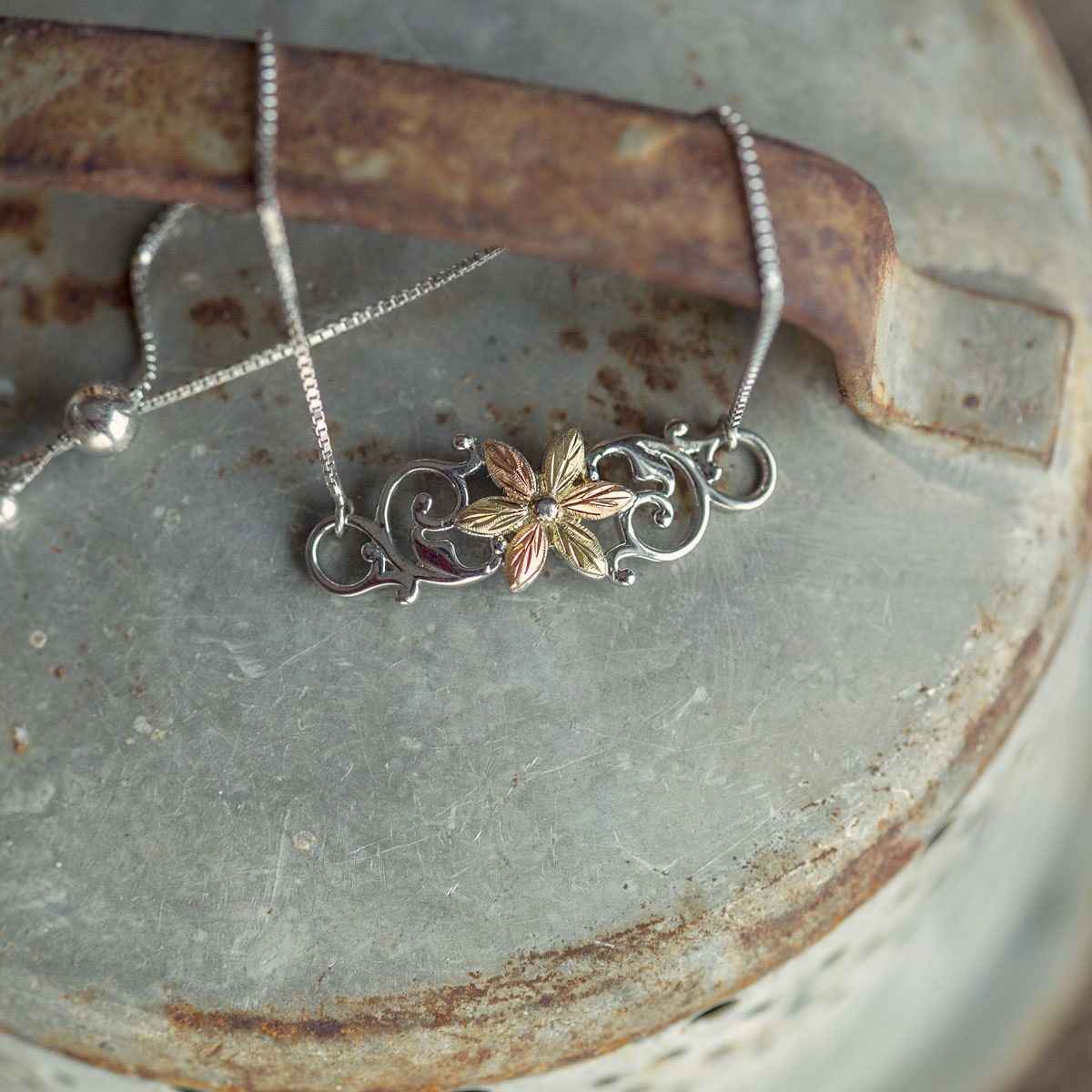 Black Hills Gold Leaf Flower & Vine Bolo Bracelet in Sterling Silver front view