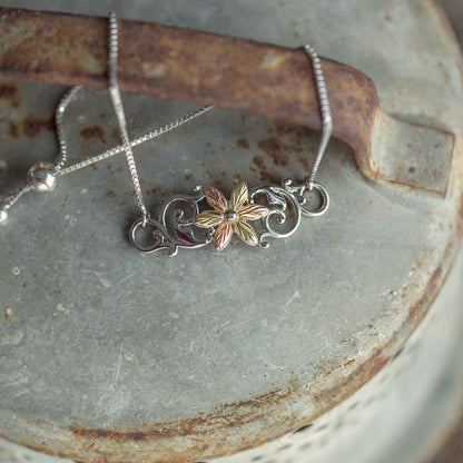Black Hills Gold Leaf Flower & Vine Bolo Bracelet in Sterling Silver front view