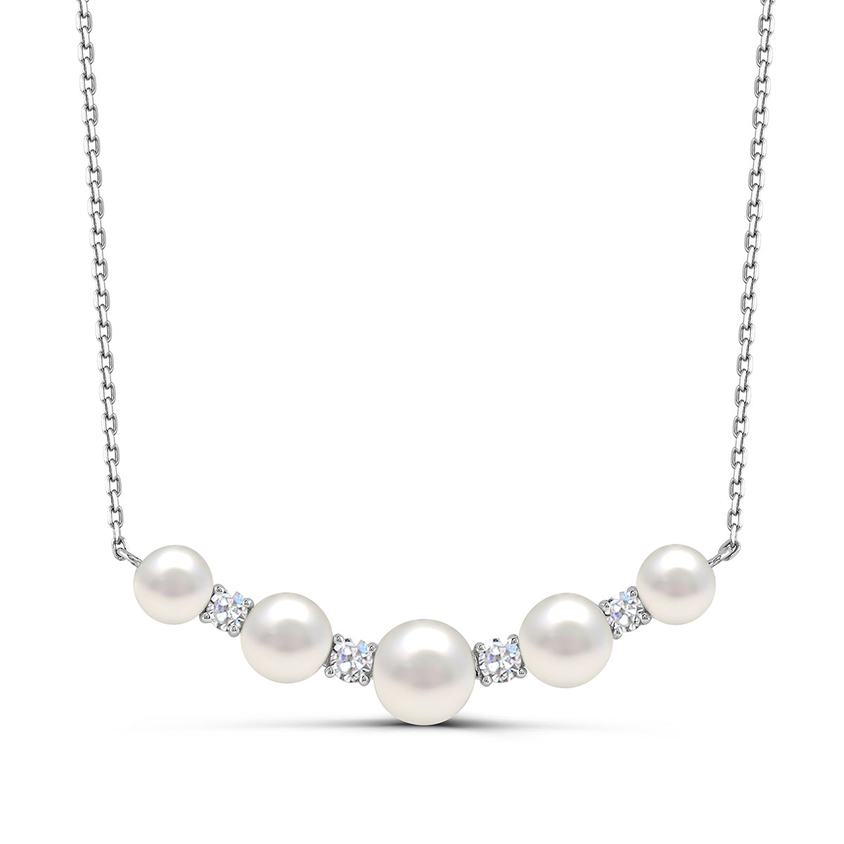 Cultured Freshwater Pearl & Created White Sapphire Curved Bar Necklace in Sterling Silver
