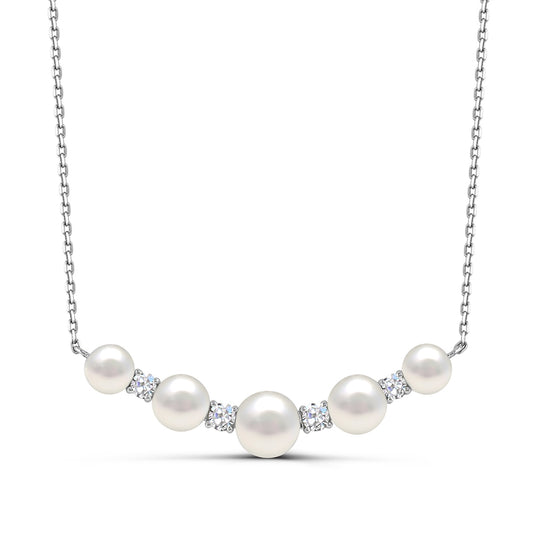 Cultured Freshwater Pearl & Created White Sapphire Curved Bar Necklace in Sterling Silver